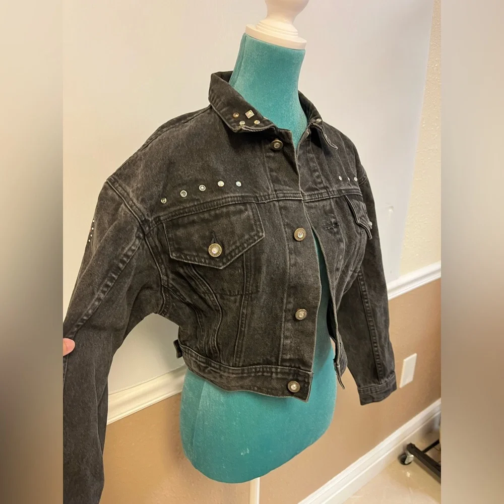 Vintage 80s LA Gear Studded Black Denim Jacket -‎ 100% Cotton - Size M